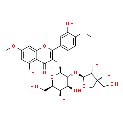 ChemSpider 2D Image | 3-[[2-O-D-Apio-Î²-D-furanosyl-Î²-D-galactopyranosyl]oxy]-5-hydroxy-2-(3-hydroxy-4-methoxyphenyl)-7-methoxy-4H-1-benzopyran-4-one | C28H32O16
