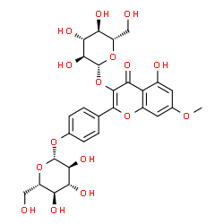 ChemSpider 2D Image | 4-[3-(beta-L-Glucopyranosyloxy)-5-hydroxy-7-methoxy-4-oxo-4H-chromen-2-yl]phenyl beta-L-glucopyranoside | C28H32O16