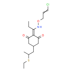 ChemSpider 2D Image | 2-(1-{[(3-Chloro-2-propen-1-yl)oxy]amino}propylidene)-5-[2-(ethylsulfanyl)propyl]-1,3-cyclohexanedione | C17H26ClNO3S