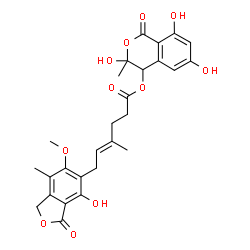ChemSpider 2D Image | 3,6,8-Trihydroxy-3-methyl-1-oxo-3,4-dihydro-1H-isochromen-4-yl (4E)-6-(4-hydroxy-6-methoxy-7-methyl-3-oxo-1,3-dihydro-2-benzofuran-5-yl)-4-methyl-4-hexenoate | C27H28O11