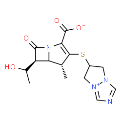 ChemSpider 2D Image | (4R,6S)-3-(6,7-Dihydro-5H-pyrazolo[1,2-a][1,2,4]triazol-4-ium-6-ylsulfanyl)-6-[(1S)-1-hydroxyethyl]-4-methyl-7-oxo-1-azabicyclo[3.2.0]hept-2-ene-2-carboxylate | C15H18N4O4S