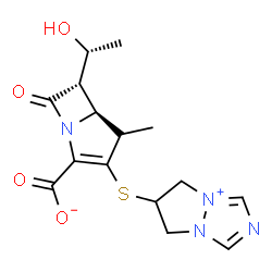 ChemSpider 2D Image | (5S,6S)-3-(6,7-Dihydro-5H-pyrazolo[1,2-a][1,2,4]triazol-4-ium-6-ylsulfanyl)-6-[(1R)-1-hydroxyethyl]-4-methyl-7-oxo-1-azabicyclo[3.2.0]hept-2-ene-2-carboxylate | C15H18N4O4S