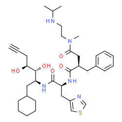 ChemSpider 2D Image | (2R)-2-Benzyl-N~1~-[(2S)-1-{[(2S,3R,4S)-1-cyclohexyl-3,4-dihydroxy-6-heptyn-2-yl]amino}-1-oxo-3-(1,3-thiazol-4-yl)-2-propanyl]-N~4~-[2-(isopropylamino)ethyl]-N~4~-methylsuccinamide | C36H53N5O5S