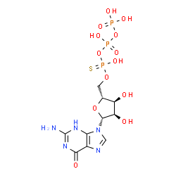 ChemSpider 2D Image | 5'-O-(Hydroxy{[hydroxy(phosphonooxy)phosphoryl]oxy}phosphorothioyl)guanosine | C10H16N5O13P3S