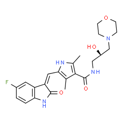 ChemSpider 2D Image | 5-[(Z)-(5-Fluoro-2-oxo-1,2-dihydro-3H-indol-3-ylidene)methyl]-N-[(2S)-2-hydroxy-3-(4-morpholinyl)propyl]-2,4-dimethyl-1H-pyrrole-3-carboxamide | C23H27FN4O4