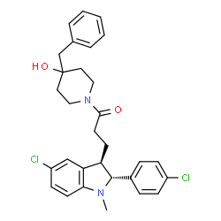 ChemSpider 2D Image | 1-(4-Benzyl-4-hydroxy-1-piperidinyl)-3-[(2R,3R)-5-chloro-2-(4-chlorophenyl)-1-methyl-2,3-dihydro-1H-indol-3-yl]-1-propanone | C30H32Cl2N2O2