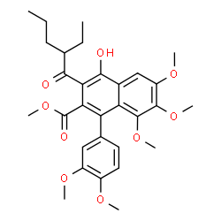 ChemSpider 2D Image | Methyl 1-(3,4-dimethoxyphenyl)-3-(2-ethylpentanoyl)-4-hydroxy-6,7,8-trimethoxy-2-naphthoate | C30H36O9