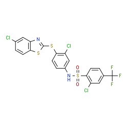 ChemSpider 2D Image | 2-Chloro-N-{3-chloro-4-[(5-chloro-1,3-benzothiazol-2-yl)sulfanyl]phenyl}-4-(trifluoromethyl)benzenesulfonamide | C20H10Cl3F3N2O2S3