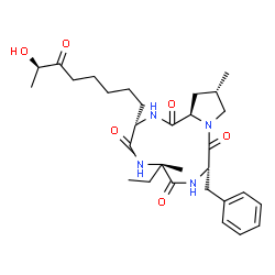 ChemSpider 2D Image | (3S,6S,9S,13S,14aR)-9-Benzyl-6-ethyl-3-[(7R)-7-hydroxy-6-oxooctyl]-6,13-dimethyldecahydropyrrolo[1,2-a][1,4,7,10]tetraazacyclododecine-1,4,7,10-tetrone | C30H44N4O6
