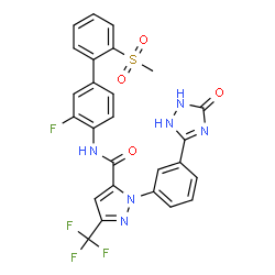 ChemSpider 2D Image | N-(3-fluoro-2'-(methylsulfonyl)biphenyl-4-yl)-1-(3-(5-oxo-4,5-dihydro-1H-1,2,4-triazol-3-yl)phenyl)-3-(trifluoromethyl)-1H-pyrazole-5-carboxamide | C26H18F4N6O4S