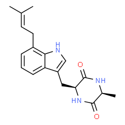 ChemSpider 2D Image | (3S,6S)-3-Methyl-6-{[7-(3-methyl-2-buten-1-yl)-1H-indol-3-yl]methyl}-2,5-piperazinedione | C19H23N3O2