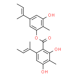 ChemSpider 2D Image | 5-[(2E)-2-Buten-2-yl]-3-hydroxy-2-methylphenyl 6-[(2E)-2-buten-2-yl]-2,4-dihydroxy-3-methylbenzoate | C23H26O5