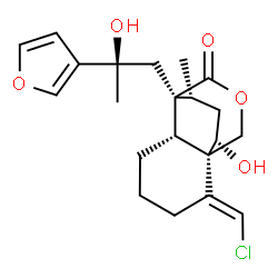 ChemSpider 2D Image | (1R,2E,6S,7R,11S,13R)-2-(Chloromethylene)-7-[(2R)-2-(3-furyl)-2-hydroxypropyl]-11-hydroxy-13-methyl-9-oxatricyclo[5.3.3.0~1,6~]tridecan-8-one | C21H27ClO5