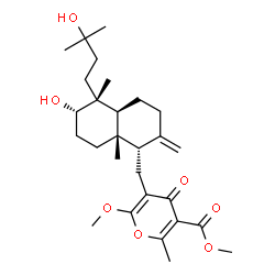 ChemSpider 2D Image | Methyl 5-{[(1S,4aS,5R,6S,8aS)-6-hydroxy-5-(3-hydroxy-3-methylbutyl)-5,8a-dimethyl-2-methylenedecahydro-1-naphthalenyl]methyl}-6-methoxy-2-methyl-4-oxo-4H-pyran-3-carboxylate | C28H42O7