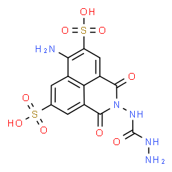 ChemSpider 2D Image | 6-Amino-2-[(hydrazinocarbonyl)amino]-1,3-dioxo-2,3-dihydro-1H-benzo[de]isoquinoline-5,8-disulfonic acid | C13H11N5O9S2