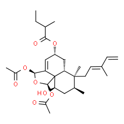 ChemSpider 2D Image | (1R,3S,5R,6aR,7S,8S,10R)-1,3-Diacetoxy-10-hydroxy-7,8-dimethyl-7-[(2E)-3-methyl-2,4-pentadien-1-yl]-3,5,6,6a,7,8,9,10-octahydronaphtho[1,8a-c]furan-5-yl 2-methylbutanoate | C29H42O8