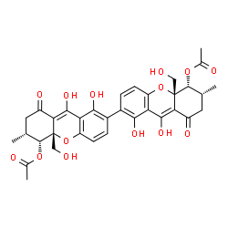 ChemSpider 2D Image | (5R,5'R,6R,6'R,10aR,10a'R)-1,1',9,9'-Tetrahydroxy-10a,10a'-bis(hydroxymethyl)-6,6'-dimethyl-8,8'-dioxo-5,5',7,7',8,8',10a,10a'-octahydro-6H,6'H-2,2'-bixanthene-5,5'-diyl diacetate | C34H34O14