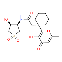 ChemSpider 2D Image | N-[(3R,4S)-4-Hydroxy-1,1-dioxidotetrahydro-3-thiophenyl]-2-[1-(3-hydroxy-6-methyl-4-oxo-4H-pyran-2-yl)cyclohexyl]acetamide | C18H25NO7S