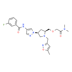ChemSpider 2D Image | N-(1-{(3S,5S)-5-{[2-(Dimethylamino)-2-oxoethoxy]methyl}-1-[(5-methyl-1,2-oxazol-3-yl)methyl]-3-pyrrolidinyl}-1H-pyrazol-4-yl)-3-fluorobenzamide | C24H29FN6O4