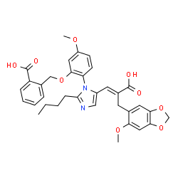 ChemSpider 2D Image | 2-[(2-{2-Butyl-5-[(1E)-2-carboxy-3-(6-methoxy-1,3-benzodioxol-5-yl)-1-propen-1-yl]-1H-imidazol-1-yl}-5-methoxyphenoxy)methyl]benzoic acid | C34H34N2O9