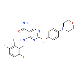 ChemSpider 2D Image | 2-{[4-(4-Morpholinyl)phenyl]amino}-4-[(2,3,6-trifluorobenzyl)amino]-5-pyrimidinecarboxamide | C22H21F3N6O2