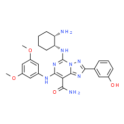 ChemSpider 2D Image | 5-{[(1R,2S)-2-Aminocyclohexyl]amino}-7-[(3,5-dimethoxyphenyl)amino]-2-(3-hydroxyphenyl)[1,2,4]triazolo[1,5-c]pyrimidine-8-carboxamide | C26H30N8O4