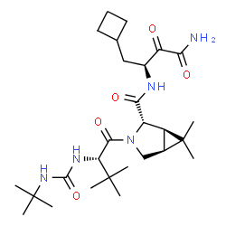 ChemSpider 2D Image | (1R,2S,5S)-N-[(2S)-4-Amino-1-cyclobutyl-3,4-dioxo-2-butanyl]-6,6-dimethyl-3-{3-methyl-N-[(2-methyl-2-propanyl)carbamoyl]-L-valyl}-3-azabicyclo[3.1.0]hexane-2-carboxamide | C27H45N5O5