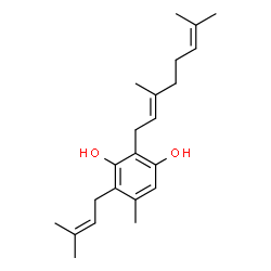 ChemSpider 2D Image | 2-[(2E)-3,7-Dimethyl-2,6-octadien-1-yl]-5-methyl-4-(3-methyl-2-buten-1-yl)-1,3-benzenediol | C22H32O2