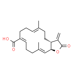ChemSpider 2D Image | (3aR,6E,10Z,14E,15aS)-6,14-Dimethyl-3-methylene-2-oxo-2,3,3a,4,5,8,9,12,13,15a-decahydrocyclotetradeca[b]furan-10-carboxylic acid | C20H26O4