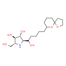 ChemSpider 2D Image | (2R,3R,4R,5R)-2-[(1S)-5-(1,6-Dioxaspiro[4.5]dec-7-yl)-1-hydroxypentyl]-5-(hydroxymethyl)-3,4-pyrrolidinediol | C18H33NO6