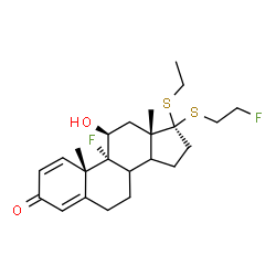 ChemSpider 2D Image | (8xi,11beta,14xi,17alpha)-17-(Ethylsulfanyl)-9-fluoro-17-[(2-fluoroethyl)sulfanyl]-11-hydroxyandrosta-1,4-dien-3-one | C23H32F2O2S2