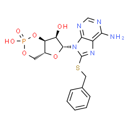 ChemSpider 2D Image | (4aR,6R,7R,7aS)-6-[6-Amino-8-(benzylsulfanyl)-9H-purin-9-yl]tetrahydro-4H-furo[3,2-d][1,3,2]dioxaphosphinine-2,7-diol 2-oxide | C17H18N5O6PS