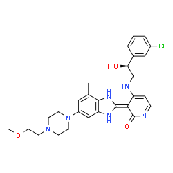 ChemSpider 2D Image | (3E)-4-{[(2S)-2-(3-Chlorophenyl)-2-hydroxyethyl]amino}-3-{6-[4-(2-methoxyethyl)-1-piperazinyl]-4-methyl-1,3-dihydro-2H-benzimidazol-2-ylidene}-2(3H)-pyridinone | C28H33ClN6O3