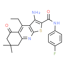 ChemSpider 2D Image | 3-Amino-4-ethyl-N-(4-fluorophenyl)-7,7-dimethyl-5-oxo-5,6,7,8-tetrahydrothieno[2,3-b]quinoline-2-carboxamide | C22H22FN3O2S