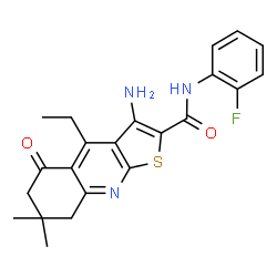 ChemSpider 2D Image | 3-Amino-4-ethyl-N-(2-fluorophenyl)-7,7-dimethyl-5-oxo-5,6,7,8-tetrahydrothieno[2,3-b]quinoline-2-carboxamide | C22H22FN3O2S