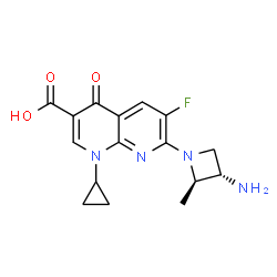 ChemSpider 2D Image | 7-[(2R,3S)-3-Amino-2-methyl-1-azetidinyl]-1-cyclopropyl-6-fluoro-4-oxo-1,4-dihydro-1,8-naphthyridine-3-carboxylic acid | C16H17FN4O3