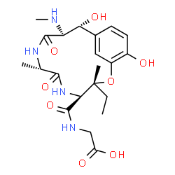ChemSpider 2D Image | N-{[(3R,4S,7S,10S,11R)-3-Ethyl-11,15-dihydroxy-3,7-dimethyl-10-(methylamino)-6,9-dioxo-2-oxa-5,8-diazabicyclo[10.3.1]hexadeca-1(16),12,14-trien-4-yl]carbonyl}glycine | C21H30N4O8