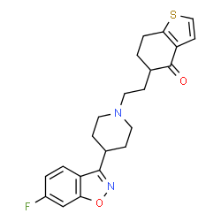 ChemSpider 2D Image | 5-{2-[4-(6-Fluoro-1,2-benzoxazol-3-yl)-1-piperidinyl]ethyl}-6,7-dihydro-1-benzothiophen-4(5H)-one | C22H23FN2O2S