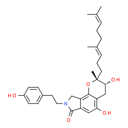 ChemSpider 2D Image | (2R,3R)-2-[(3E)-4,8-Dimethyl-3,7-nonadien-1-yl]-3,5-dihydroxy-8-[2-(4-hydroxyphenyl)ethyl]-2-methyl-3,4,8,9-tetrahydropyrano[2,3-e]isoindol-7(2H)-one | C31H39NO5