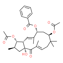 ChemSpider 2D Image | (2R,3S,3aS,4E,6R,8R,11E,13aR)-3,8-Diacetoxy-13a-hydroxy-2,5,9,9,12-pentamethyl-13-oxo-2,3,3a,6,7,8,9,10,13,13a-decahydro-1H-cyclopenta[12]annulen-6-yl benzoate | C31H40O8