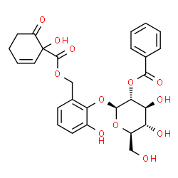 ChemSpider 2D Image | 2-[(2-O-Benzoyl-beta-D-glucopyranosyl)oxy]-3-hydroxybenzyl 1-hydroxy-6-oxo-2-cyclohexene-1-carboxylate | C27H28O12