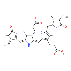 ChemSpider 2D Image | 3-[(2E,5E)-5-[[(3E)-3-ethylidene-4-methyl-5-oxo-pyrrol-2-yl]methylene]-2-[[3-(3-methoxy-3-oxo-propyl)-4-methyl-5-[[(2R)-3-methyl-5-oxo-4-vinyl-1,2-dihydropyrrol-2-yl]methyl]-1H-pyrrol-2-yl]methylene]-4-methyl-pyrrol-3-yl]propanoic acid | C34H40N4O6