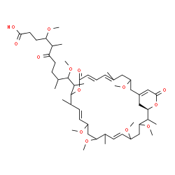 ChemSpider 2D Image | 4,10-dimethoxy-5,9-dimethyl-6-oxo-11-[(1R,6E,12E,18E,20E)-3,5,9,11,23-pentamethoxy-2,8,14,21-tetramethyl-17,27-dioxo-16,28-dioxabicyclo[23.3.1]nonacosa-6,12,18,20,25-pentaen-15-yl]dodecanoic acid | C52H84O14