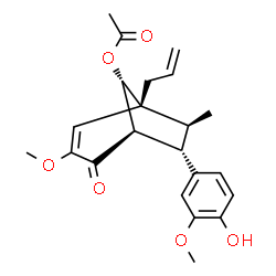 ChemSpider 2D Image | (1R,5R,6S,7S,8S)-1-Allyl-6-(4-hydroxy-3-methoxyphenyl)-3-methoxy-7-methyl-4-oxobicyclo[3.2.1]oct-2-en-8-yl acetate | C22H26O6