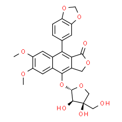 ChemSpider 2D Image | 9-(1,3-Benzodioxol-5-yl)-4-{[(2S,3R,4R)-3,4-dihydroxy-4-(hydroxymethyl)tetrahydro-2-furanyl]oxy}-6,7-dimethoxynaphtho[2,3-c]furan-1(3H)-one | C26H24O11