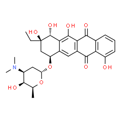 ChemSpider 2D Image | (1S,3R,4R)-3-Ethyl-3,4,5,10-tetrahydroxy-6,11-dioxo-1,2,3,4,6,11-hexahydro-1-tetracenyl 2,3,6-trideoxy-3-(dimethylamino)-alpha-L-lyxo-hexopyranoside | C28H33NO9