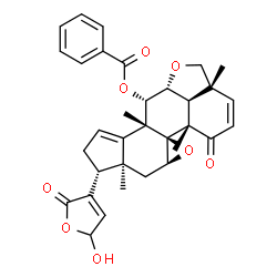 ChemSpider 2D Image | (2aR,5aS,5bS,6aS,7aS,8R,10bR,11S,11aR,11bS)-8-(5-Hydroxy-2-oxo-2,5-dihydro-3-furanyl)-2a,5a,7a,10b-tetramethyl-5-oxo-2a,5,5a,6a,7,7a,8,9,10b,11,11a,11b-dodecahydro-2H-cyclopenta[7,8]oxireno[4b,5]phena
nthro[10,1-bc]furan-11-yl benzoate | C33H34O8