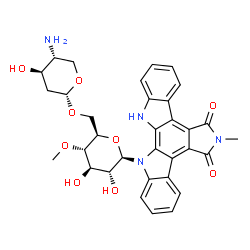 ChemSpider 2D Image | 5H-Indolo[2,3-a]pyrrolo[3,4-c]carbazole-5,7(6H)-dione, 12-[6-O-(4-amino-2,4-dideoxy-alpha-D-threo-pentopyranosyl)-4-O-methyl-beta-D-glucopyranosyl]-12,13-dihydro-6-methyl- | C33H34N4O9