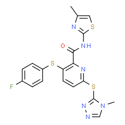 ChemSpider 2D Image | 3-[(4-Fluorophenyl)sulfanyl]-N-(4-methyl-1,3-thiazol-2-yl)-6-[(4-methyl-4H-1,2,4-triazol-3-yl)sulfanyl]-2-pyridinecarboxamide | C19H15FN6OS3