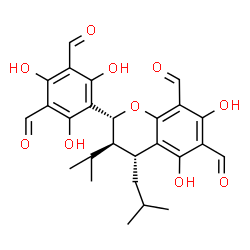 ChemSpider 2D Image | (2R,3R,4R)-2-(3,5-Diformyl-2,4,6-trihydroxyphenyl)-5,7-dihydroxy-4-isobutyl-3-isopropyl-6,8-chromanedicarbaldehyde | C26H28O10